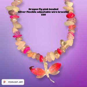 Dragon fly pink beaded flexible adjustable silver wire bracelet